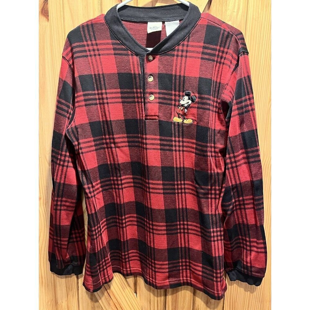 Disney Store Flannel Plaid Knit Shirt Men's Unisex Small Mickey Plaid Red Black